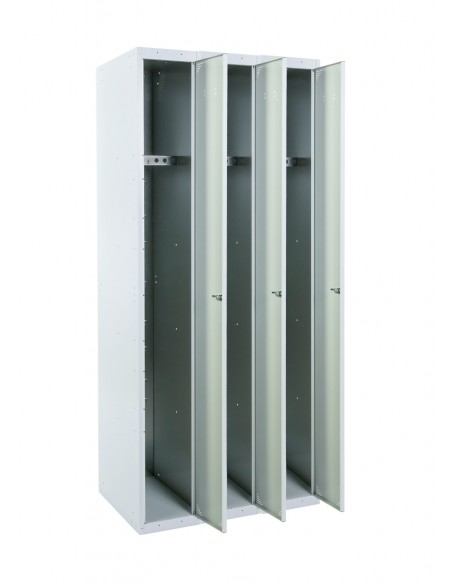 Taquilla metálica 1 puerta GRIS ancho 30cm 3 módulos. Puertas abiertas.