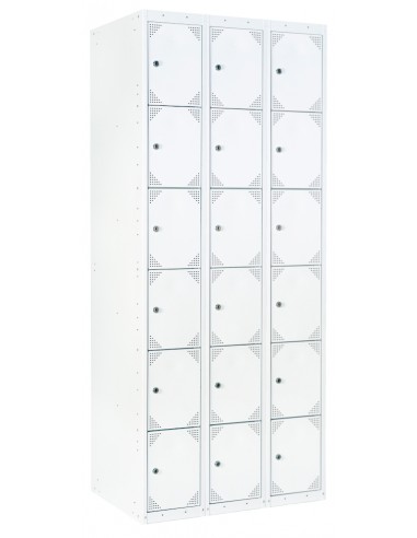 Taquilla metálica 6 puertas GRIS ancho 25 cm. 4 módulos. Puertas cerradas.