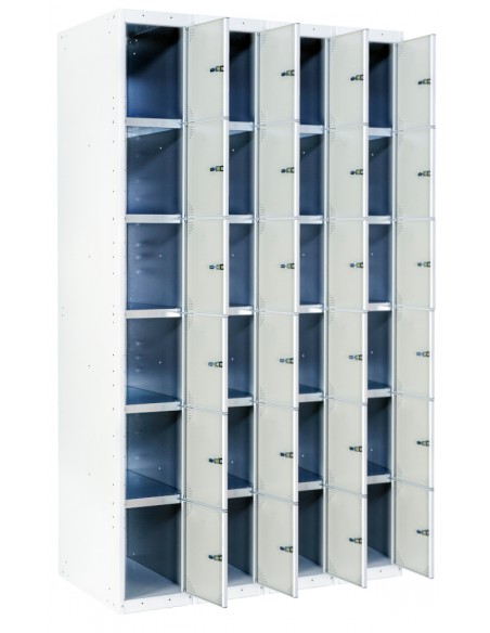 Taquilla metálica 6 puertas grises. Ancho 30 cm. 4 módulos. Puertas abiertas.