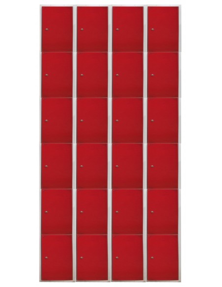 Taquilla metálica 6 puertas rojas. Ancho 25 cm. 4 módulos. Puertas cerradas.