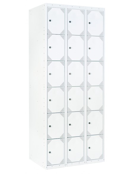 Taquilla metálica 6 puertas grises. Ancho 30 cm. 3 módulos. Puertas cerradas.