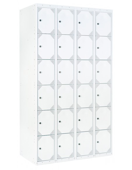 Taquilla metálica 6 puertas grises. Ancho 30 cm. 4 módulos. Puertas cerradas.