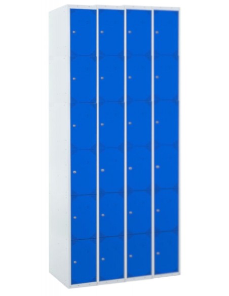 Taquilla metálica 6 puertas azules. Ancho 30 cm. 4 módulos. Puertas cerradas.