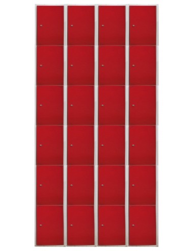 Taquilla metálica 6 puertas rojas. Ancho 30 cm. 4 módulos. Puertas cerradas.