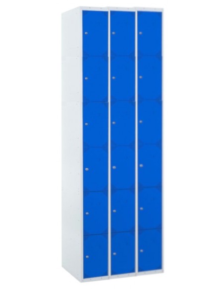 Taquilla metálica 6 puertas azules. Ancho 40 cm. 3 módulos. Puertas cerradas.