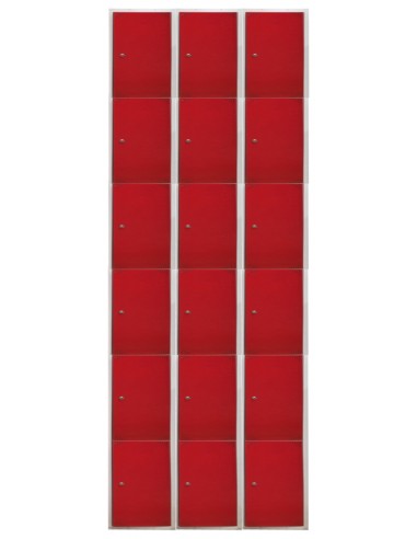 Taquilla metálica 6 puertas rojas. Ancho 40 cm. 3 módulos. Puertas cerradas.