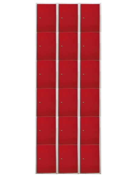 Taquilla metálica 6 puertas rojas. Ancho 40 cm. 3 módulos. Puertas cerradas.
